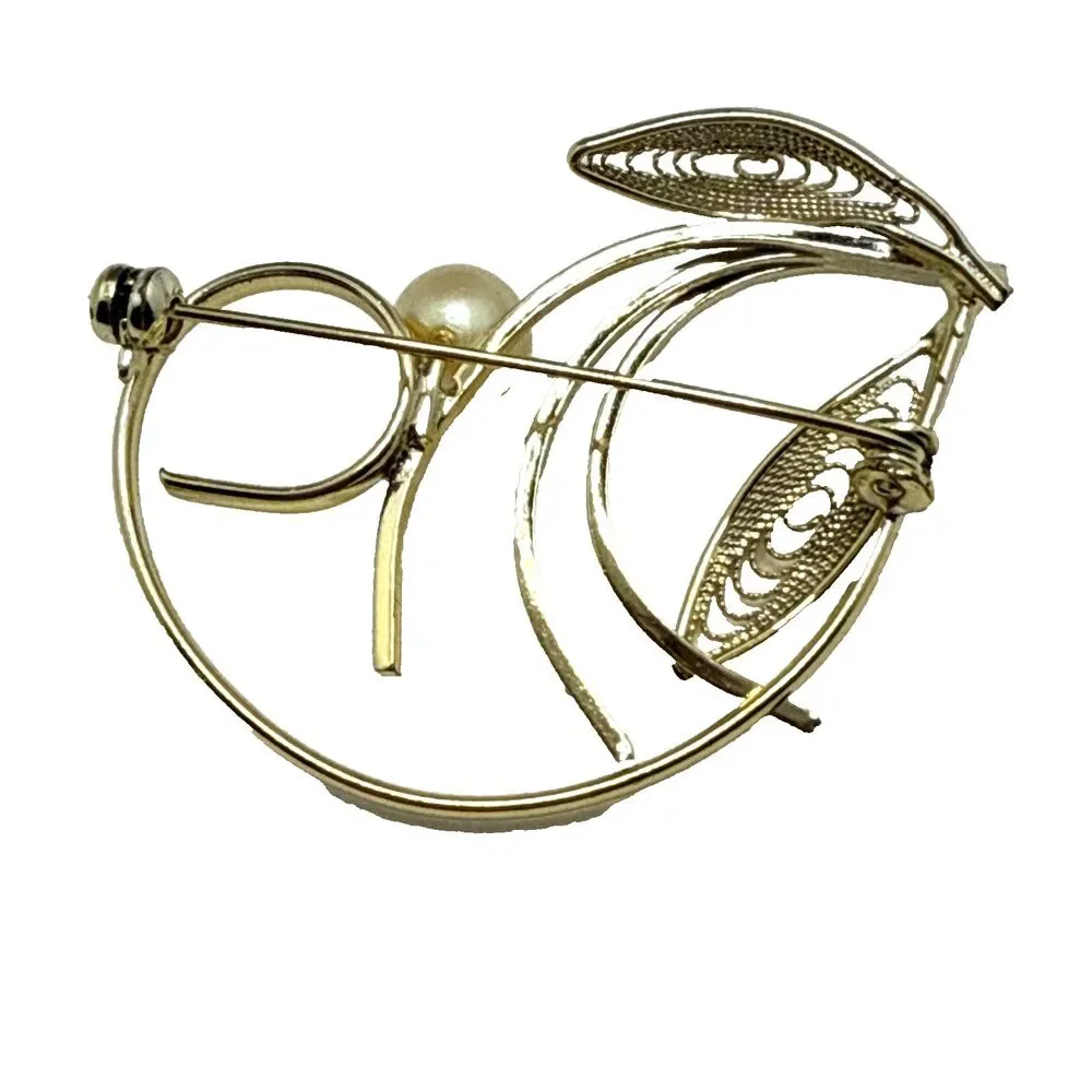 VINTAGE Filigree Leaf Faux Pearl Brooch Gold Tone Leaves Pin 2